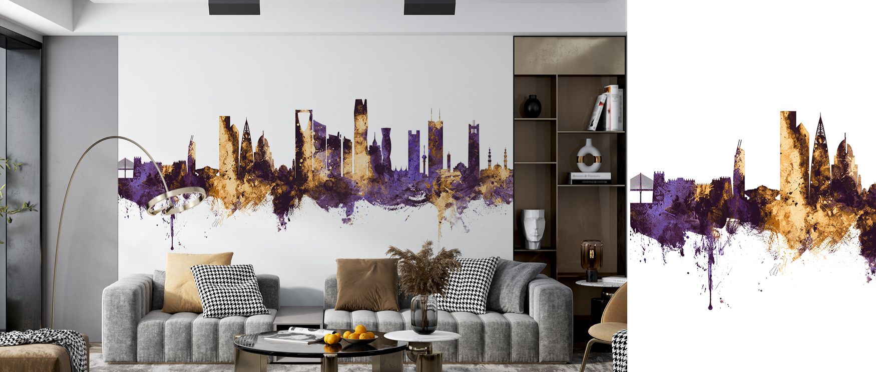 The Riyadh Saudi Arabia Skyline Purple & Gold Wallpaper breathes regal elegance into interiors, purple tones blending with golden shimmer across skyline lines, enriching walls with atmosphere of timeless artistry, surrounding bedrooms, hallways, or living