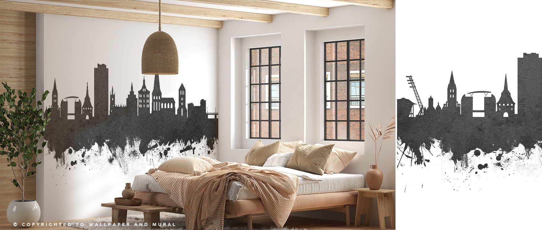 Rostock Germany Skyline Black & White Wallpaper radiates with monochrome elegance, silhouettes layered across soft contrasts enrich interiors with atmosphere of calm balance, surrounding bedrooms, hallways, or living areas with timeless artistry and refin