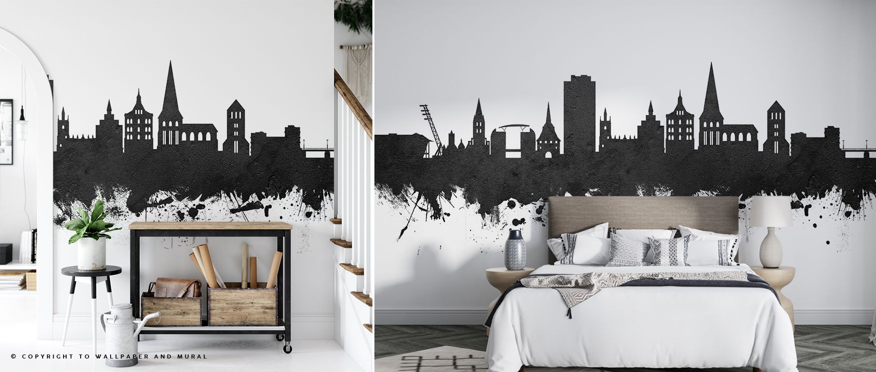 The Rostock Germany Skyline Black & White Wallpaper embodies architectural elegance through monochrome palette, enriching interiors with atmosphere of sophistication, surrounding bedrooms, living areas, or hallways with artistry that inspires calm balance