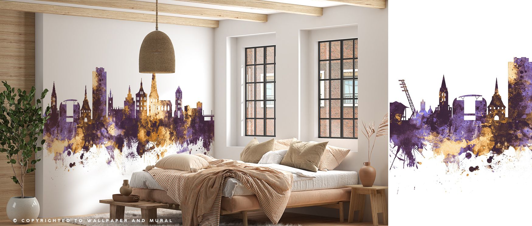Rostock Germany Skyline Purple & Gold Wallpaper glows with regal tones, purple depth layered with golden shimmer, enriching interiors with atmosphere of grandeur, surrounding bedrooms, hallways, or living areas with artistry and timeless refinement. 