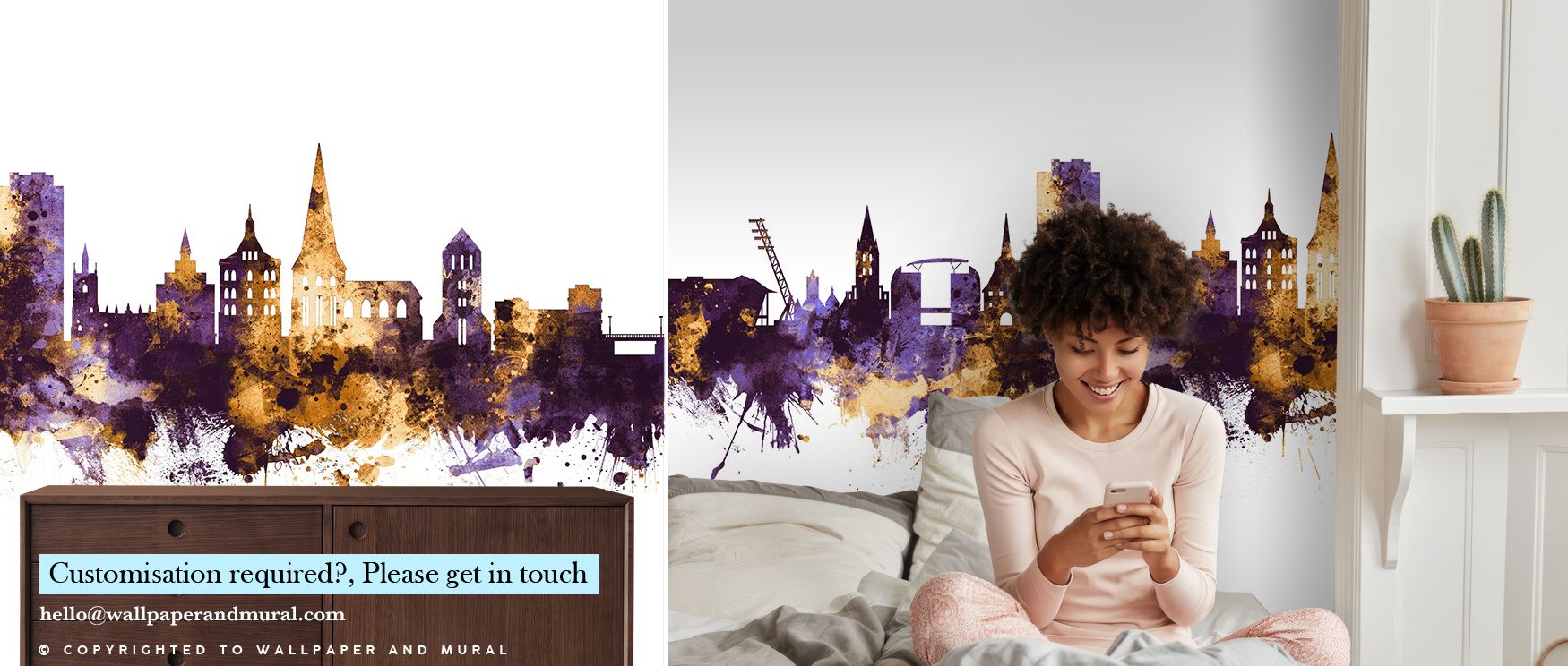 Regal tones shine in the Rostock Germany Skyline Purple & Gold Wallpaper, purple depths layered with golden highlights, enriching interiors with atmosphere of charm, surrounding bedrooms, living areas, or hallways with timeless artistry and sophistication