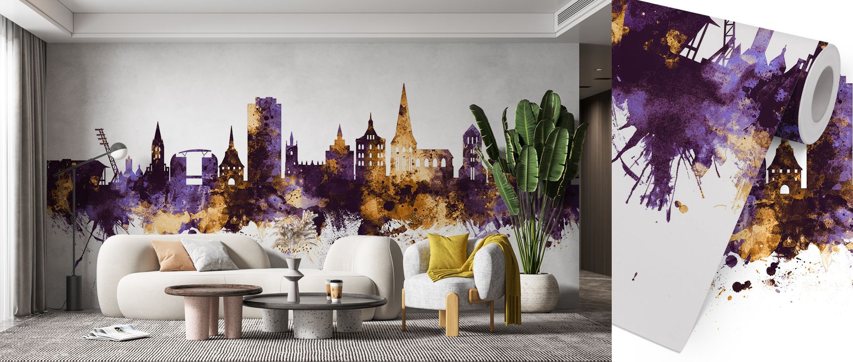 The Rostock Germany Skyline Purple & Gold Wallpaper radiates strength through purple and gold tones, enriching interiors with atmosphere of refinement, surrounding bedrooms, hallways, or living rooms with artistry that inspires sophistication and timeless