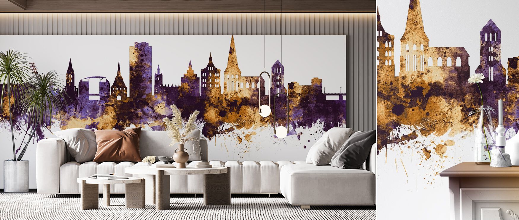Purple and gold define the Rostock Germany Skyline Purple & Gold Wallpaper, tones merging into balance that enriches interiors with atmosphere of luxury, surrounding bedrooms, living areas, or hallways with elegance and artistry that feels timeless. 
