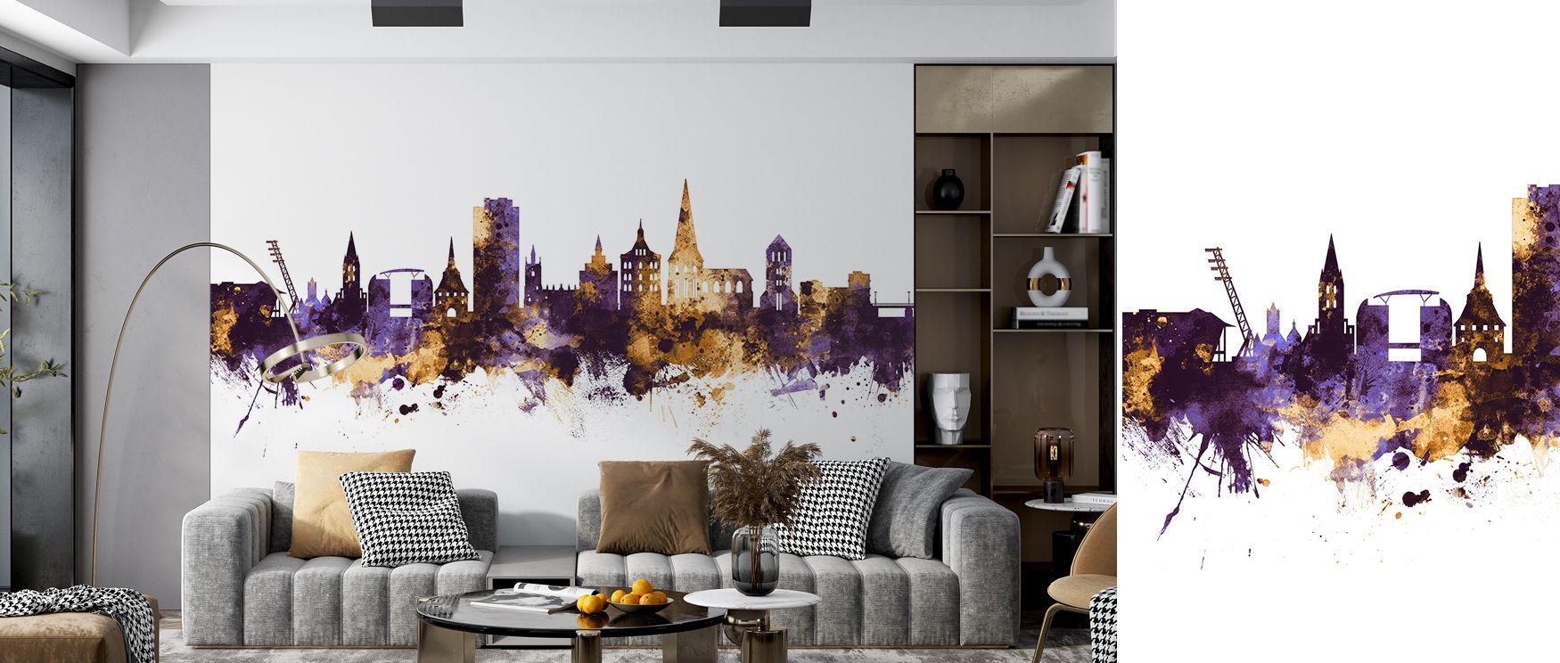 The Rostock Germany Skyline Purple & Gold Wallpaper creates regal atmosphere through glowing palette, enriching interiors with balance and calm, surrounding bedrooms, hallways, or living spaces with sophistication that radiates artistry and timeless grand
