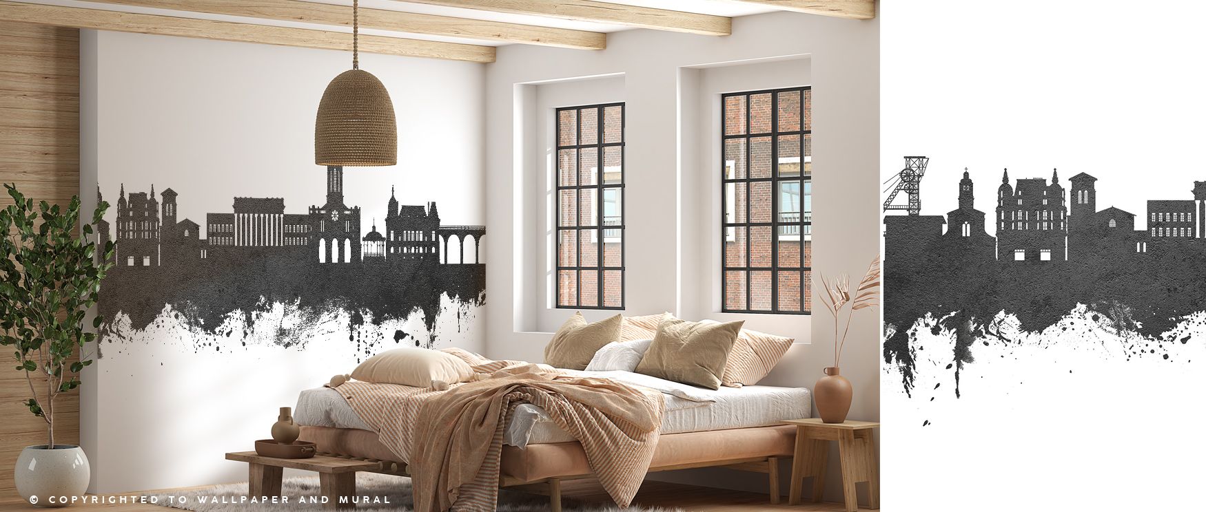 Saint-Étienne France Skyline Black & White Wallpaper radiates elegance, silhouettes etched in monochrome tones enrich interiors with atmosphere of refinement, surrounding bedrooms, living rooms, or hallways with artistry and timeless sophistication. 