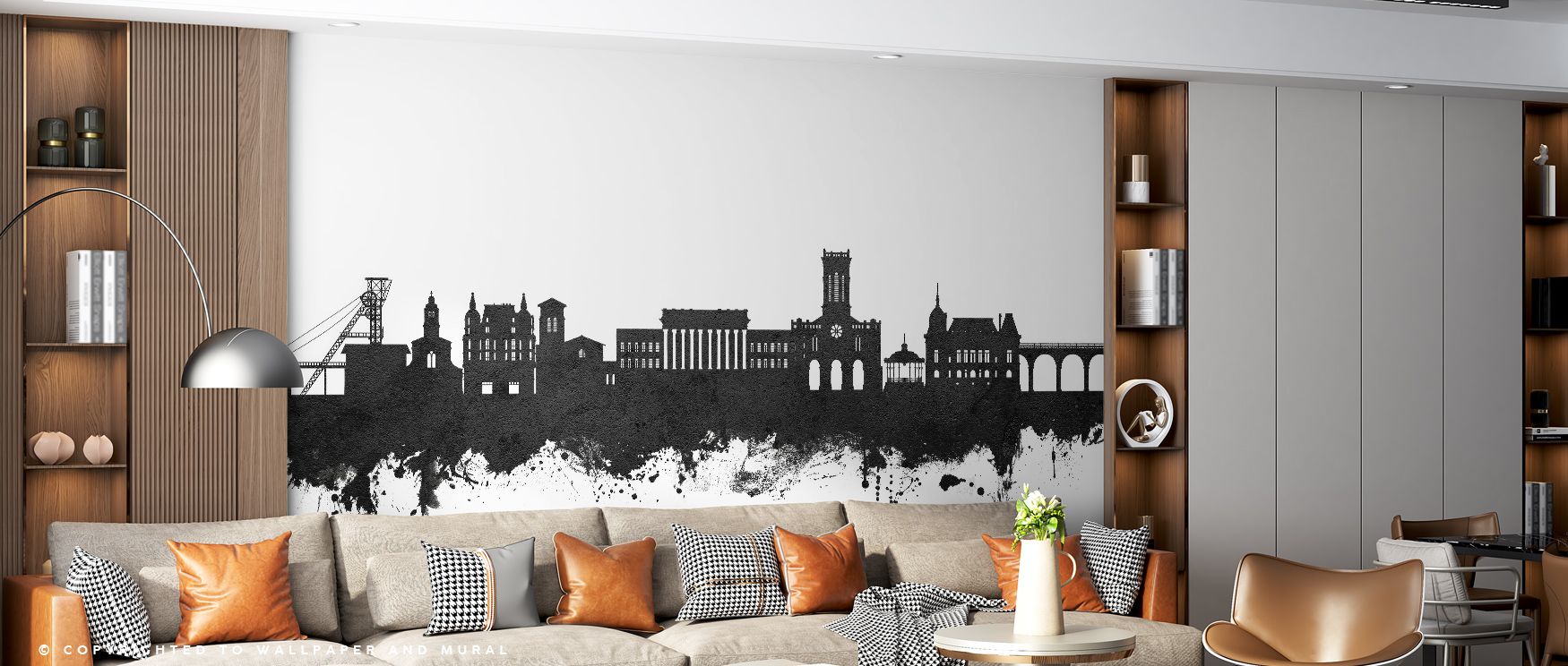 Monochrome rhythm flows in the Saint-Étienne France Skyline Black & White Wallpaper, tones layered with calm artistry enrich interiors with atmosphere of refinement, surrounding bedrooms, dining rooms, or hallways with timeless charm. 