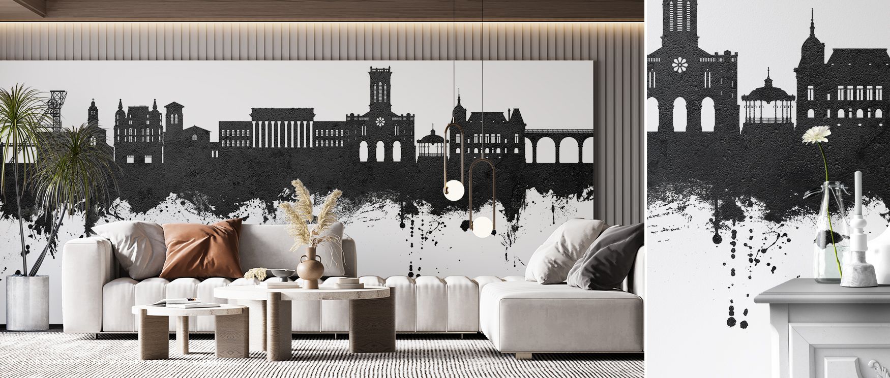 The Saint-Étienne France Skyline Black & White Wallpaper layers black and white tones in harmony, enriching interiors with atmosphere of refinement, surrounding bedrooms, dining spaces, or hallways with artistry and timeless elegance. 