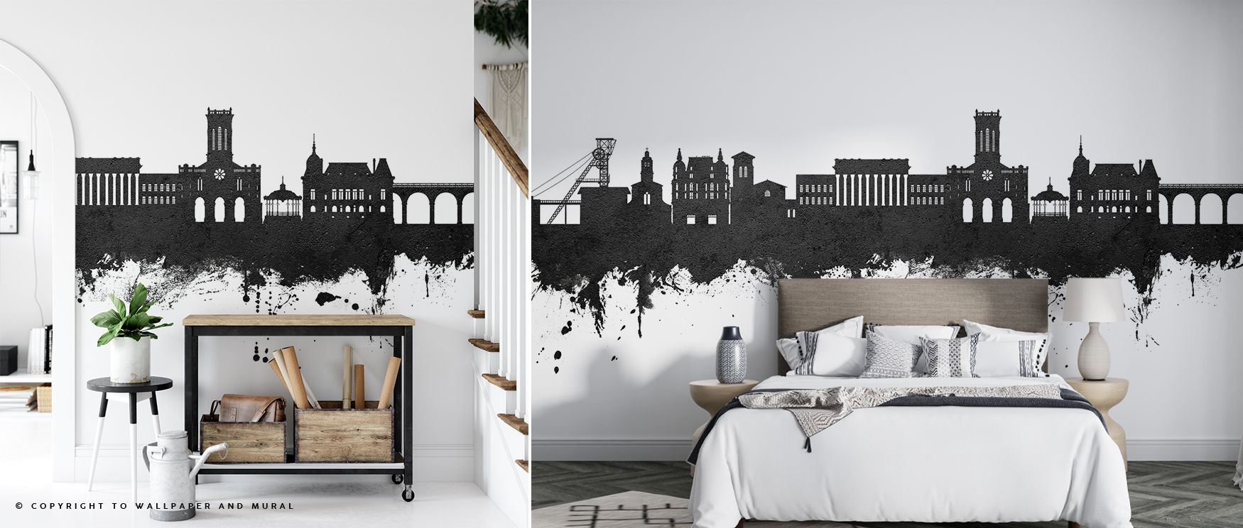 The Saint-Étienne France Skyline Black & White Wallpaper glows with urban rhythm, monochrome tones layered in artistry enrich interiors with atmosphere of refinement, surrounding bedrooms, dining areas, or hallways with timeless charm. 