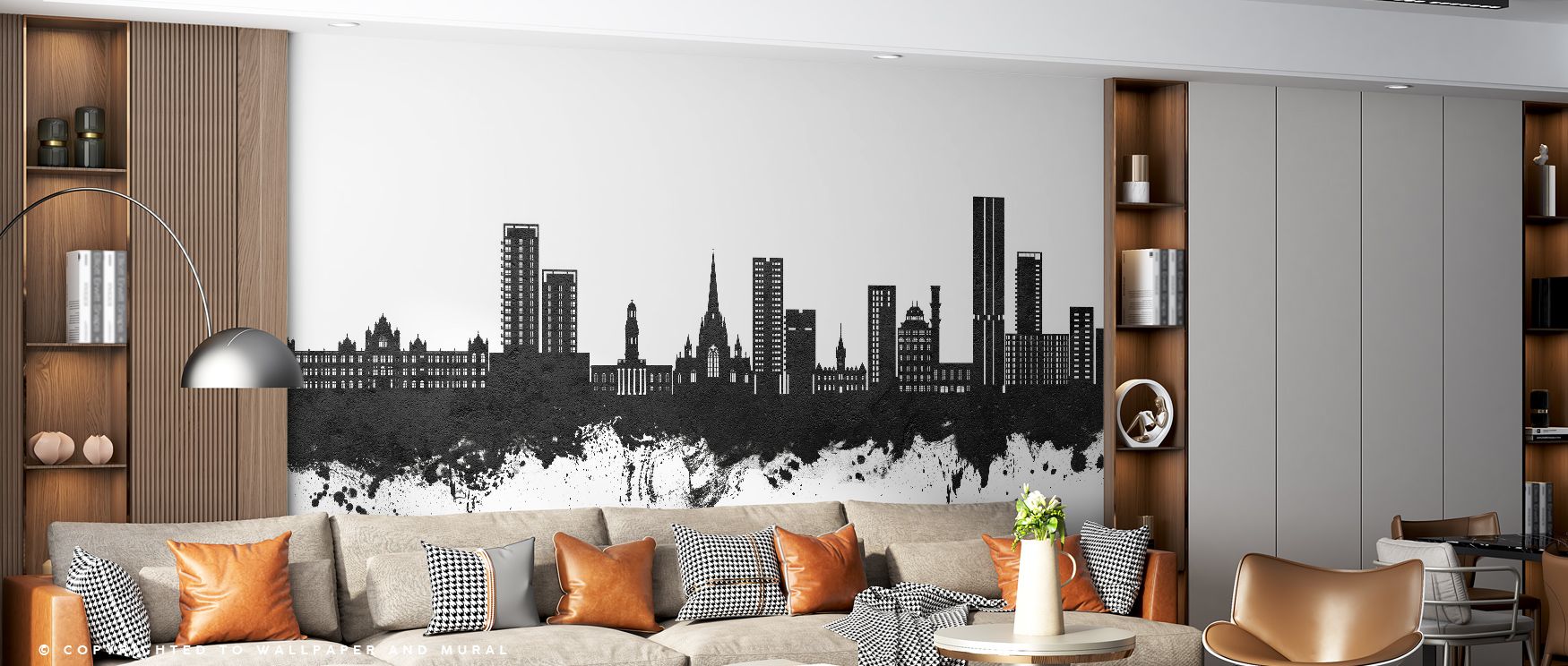 In the Salford England Skyline Black & White Wallpaper, silhouettes glow with elegance, tones layered in monochrome refinement enrich interiors with atmosphere of calm artistry, surrounding bedrooms, offices, or living spaces with timeless charm. 