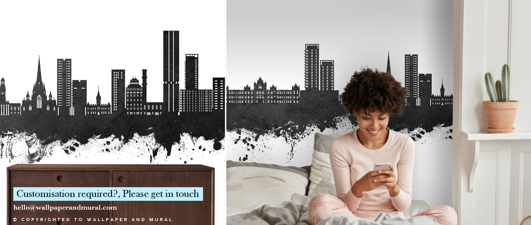 The Salford England Skyline Black & White Wallpaper glows with metropolitan rhythm, monochrome tones layered with balance enrich interiors with atmosphere of refinement, surrounding bedrooms, hallways, or offices with artistry and sophistication. 