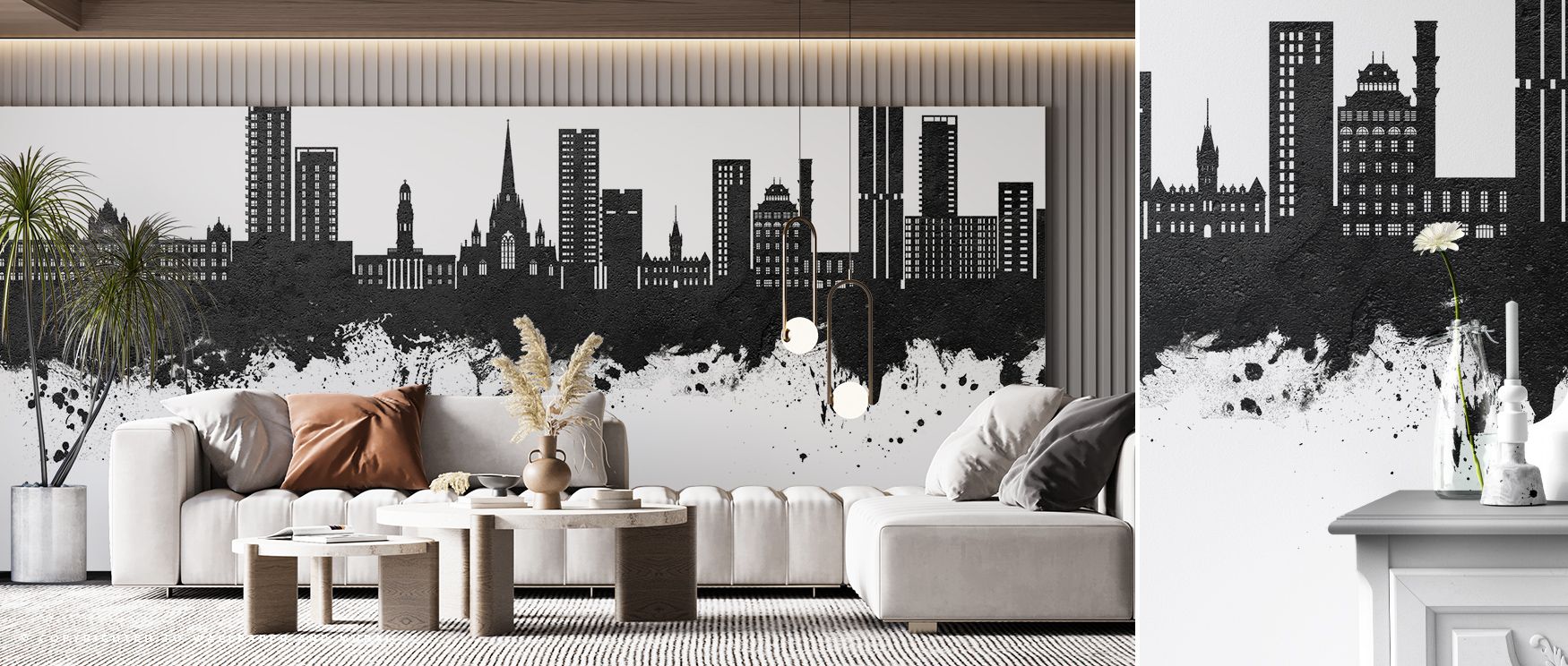 Architectural elegance flows through the Salford England Skyline Black & White Wallpaper, monochrome layers enriching interiors with atmosphere of refinement, surrounding bedrooms, dining areas, or living spaces with artistry and timeless charm. 