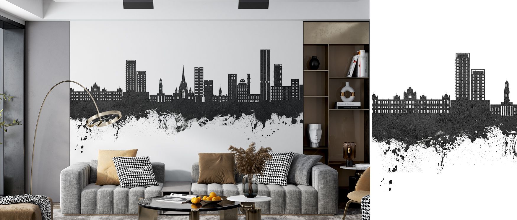 The Salford England Skyline Black & White Wallpaper radiates calm sophistication, silhouettes etched in monochrome tones enrich interiors with atmosphere of refinement, surrounding bedrooms, living rooms, or hallways with artistry and balance. 