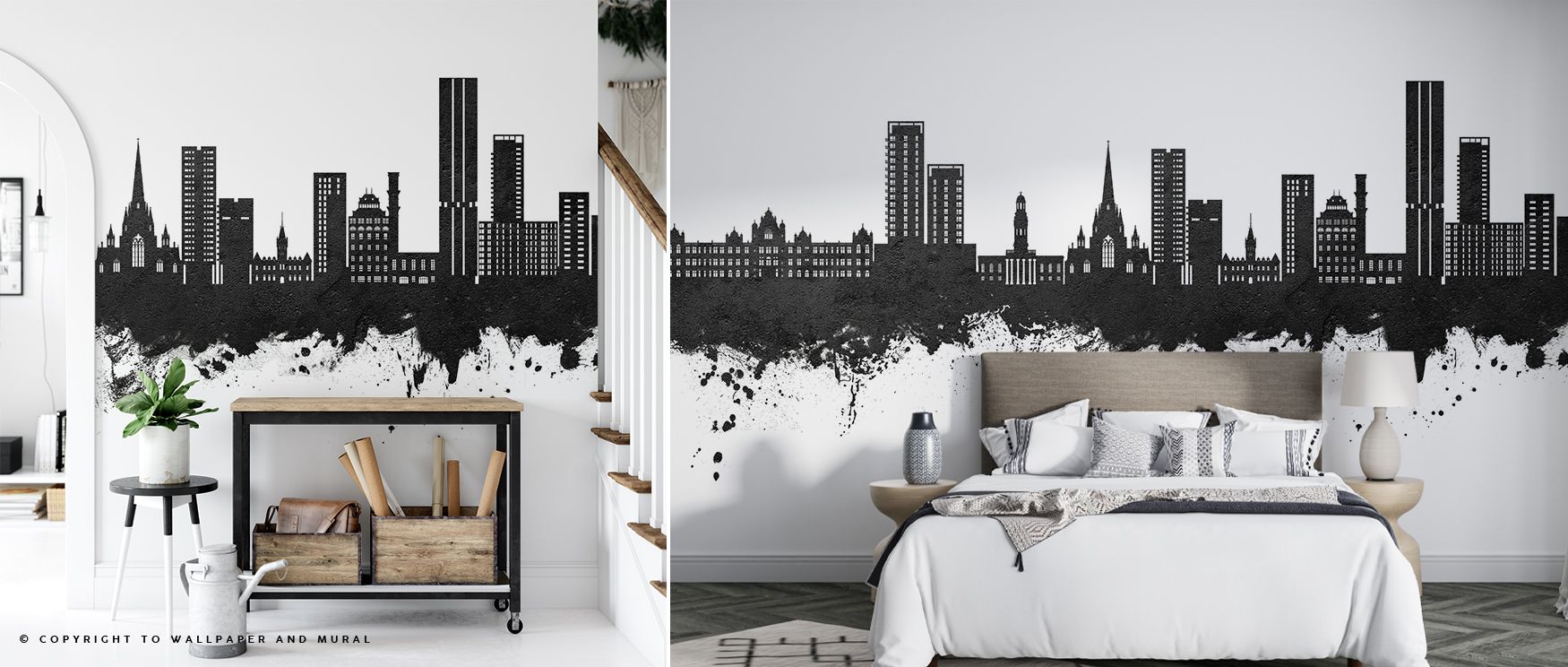 In the Salford England Skyline Black & White Wallpaper, architectural rhythm flows across monochrome tones, enriching interiors with atmosphere of refinement, surrounding bedrooms, offices, or dining rooms with artistry and timeless charm. 