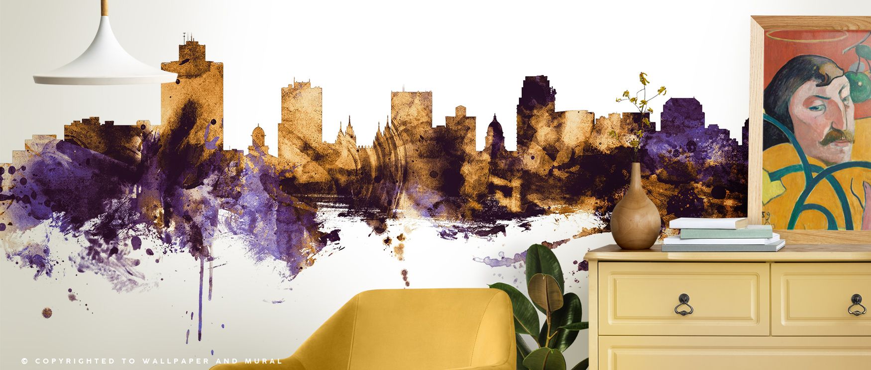The Salt Lake City Utah Skyline Purple & Gold Wallpaper glows with regal depth, purple tones merging with golden shimmer enrich interiors with atmosphere of refinement, surrounding bedrooms, living rooms, or offices with artistry and timeless charm. 