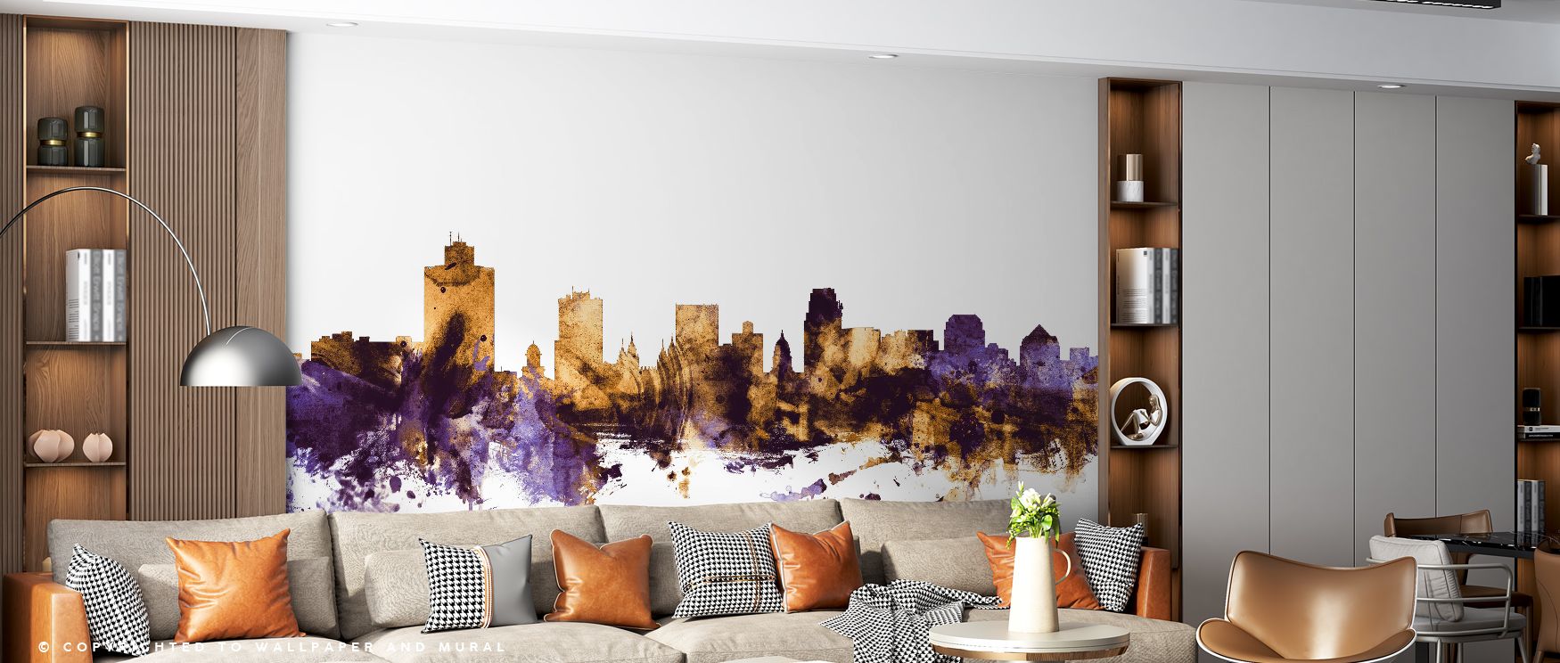 In the Salt Lake City Utah Skyline Purple & Gold Wallpaper, purple depths glow with golden rhythm, enriching interiors with atmosphere of refinement, surrounding bedrooms, living rooms, or offices with artistry that inspires grandeur and balance. 