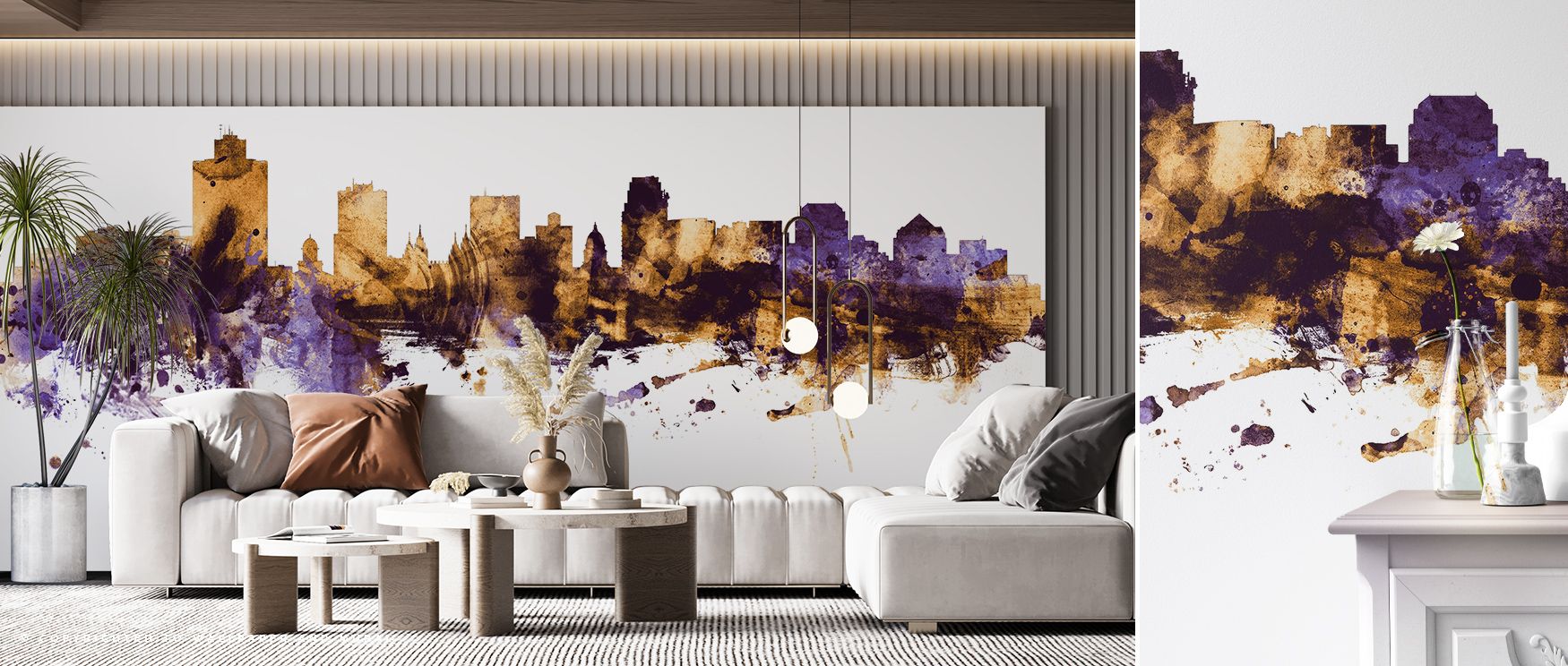 Purple and gold brilliance flows through the Salt Lake City Utah Skyline Purple & Gold Wallpaper, enriching interiors with atmosphere of refinement, surrounding bedrooms, living spaces, or offices with artistry and timeless grandeur. 