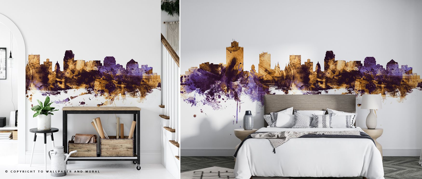 Architectural silhouettes glow within the Salt Lake City Utah Skyline Purple & Gold Wallpaper, tones painted in regal depth enrich interiors with atmosphere of refinement, surrounding bedrooms, living rooms, or offices with artistry and balance. 