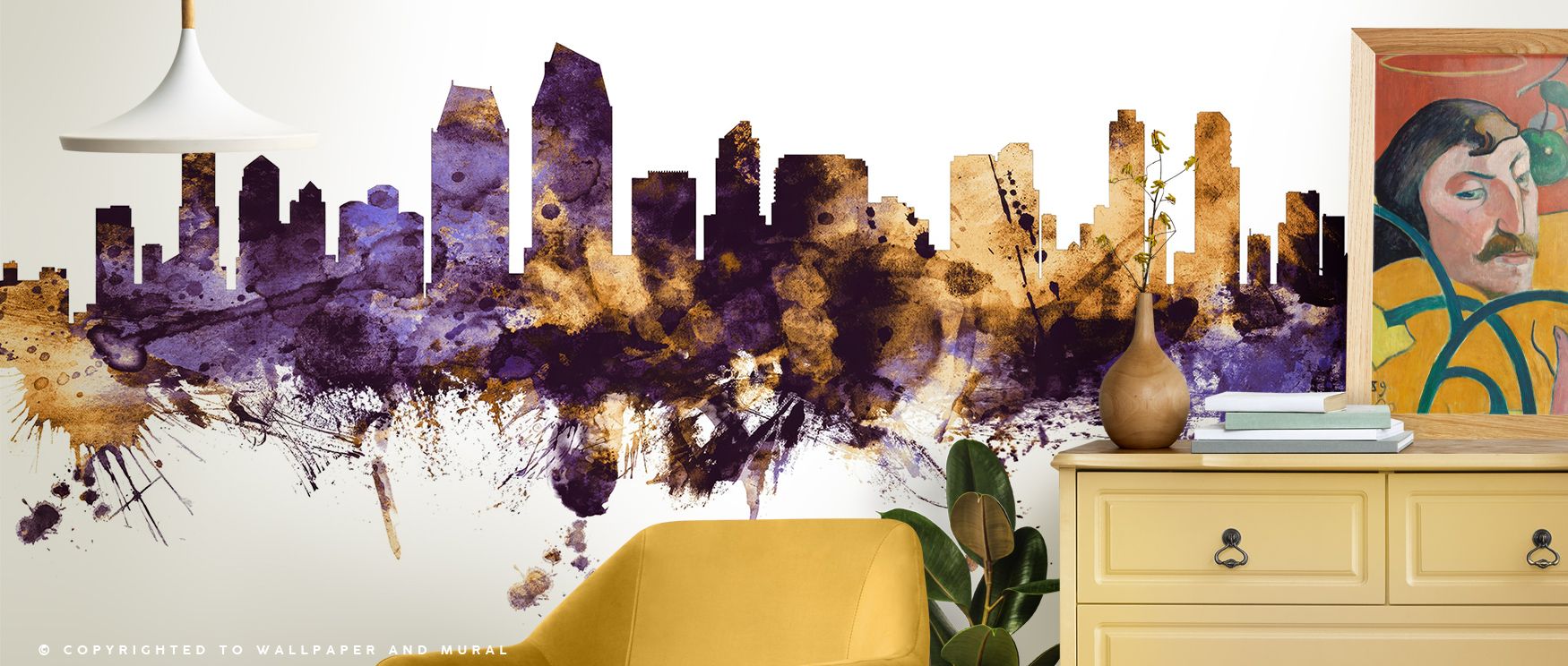 Radiant brilliance shines in the San Diego California Skyline Purple & Gold Wallpaper, silhouettes enriched with regal tones surrounding interiors with atmosphere of refinement, filling bedrooms, offices, or living rooms with artistry. 