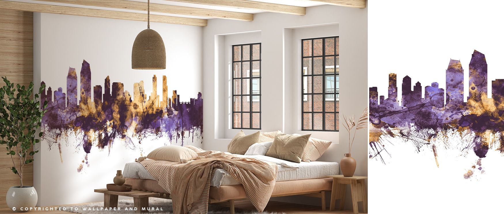The San Diego California Skyline Purple & Gold Wallpaper radiates luxury, purple tones layered with golden shimmer enrich interiors with atmosphere of refinement, surrounding bedrooms, living rooms, or offices with artistry and timeless charm. 