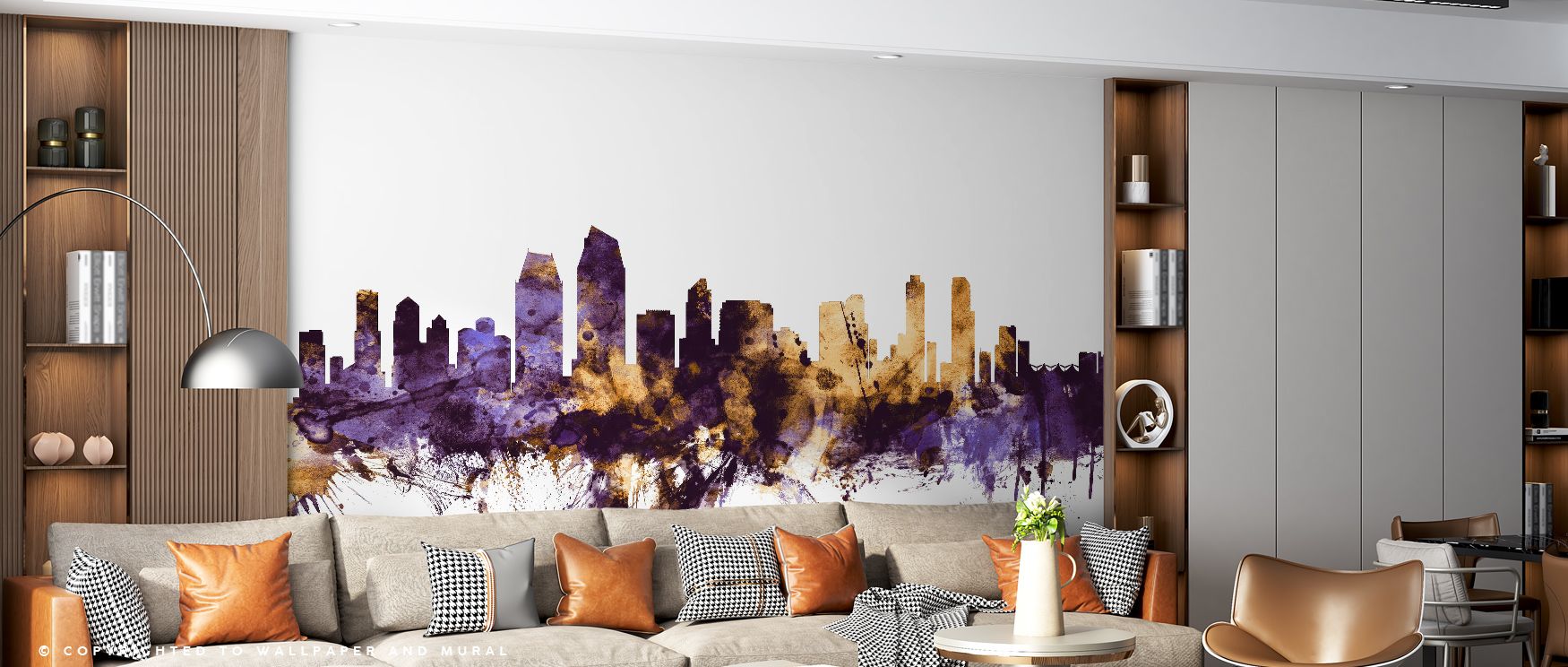 Regal tones glow in the San Diego California Skyline Purple & Gold Wallpaper, silhouettes etched in richness enrich interiors with atmosphere of balance, surrounding bedrooms, offices, or living rooms with artistry and timeless sophistication. 