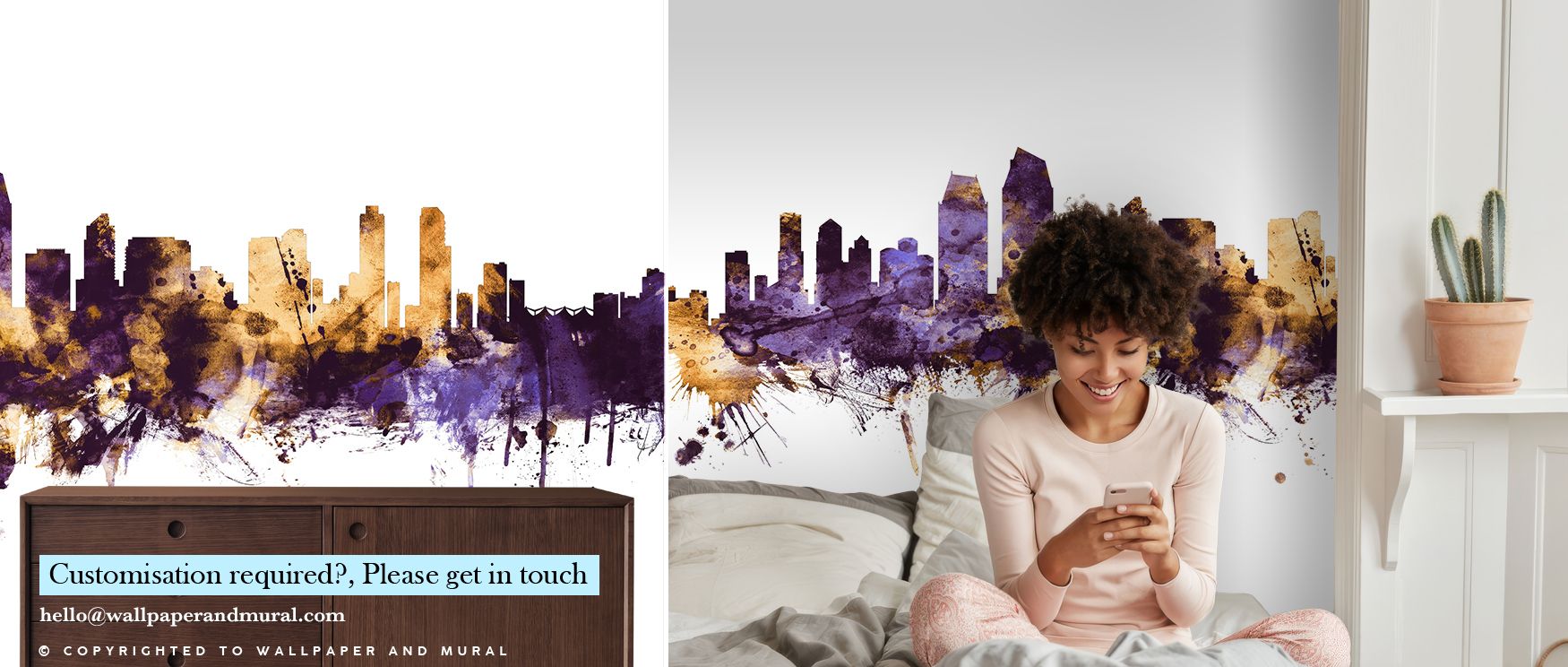 In the San Diego California Skyline Purple & Gold Wallpaper, purple brilliance flows with golden accents, enriching interiors with atmosphere of elegance, surrounding bedrooms, dining areas, or offices with artistry and refinement. 