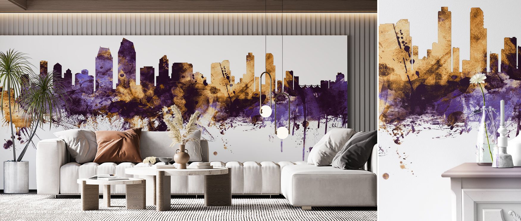 The San Diego California Skyline Purple & Gold Wallpaper shines with regal palette, silhouettes layered in vibrant rhythm enrich interiors with atmosphere of calm, surrounding bedrooms, hallways, or offices with artistry that radiates refinement. 