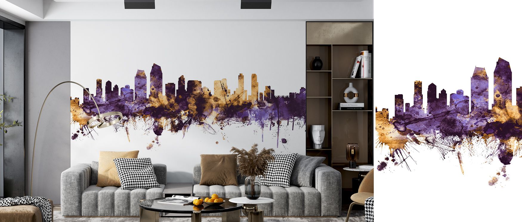 Purple depth and golden glow define the San Diego California Skyline Purple & Gold Wallpaper, enriching interiors with atmosphere of elegance, surrounding bedrooms, living rooms, or offices with artistry and timeless balance. 