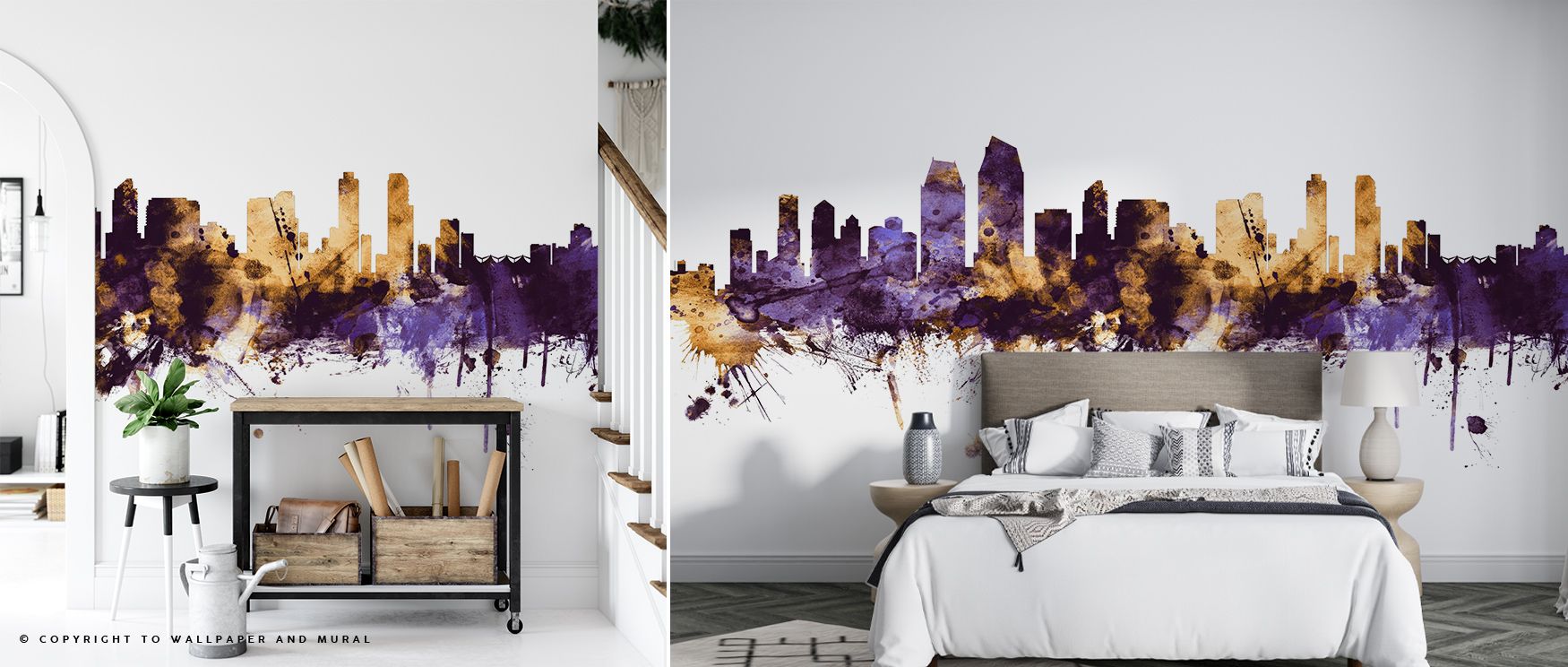 The San Diego California Skyline Purple & Gold Wallpaper layers regal tones across skyline silhouettes, enriching interiors with atmosphere of refinement, surrounding bedrooms, hallways, or offices with artistry and timeless calm. 