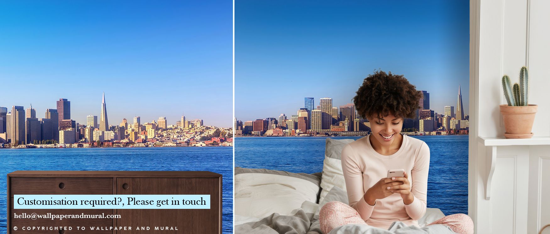 In the San Francisco Bay Skyline Wallpaper, iconic imagery shines with detail, enriching interiors with atmosphere of refinement, surrounding bedrooms, living rooms, or offices with artistry and timeless sophistication. 