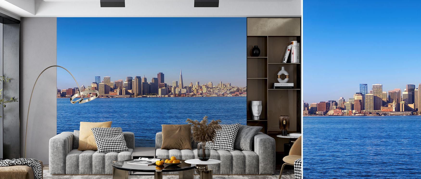 In the San Francisco Bay Skyline Wallpaper, detailed rhythm glows with brilliance, enriching interiors with atmosphere of refinement, surrounding bedrooms, dining rooms, or offices with artistry that radiates balance. 