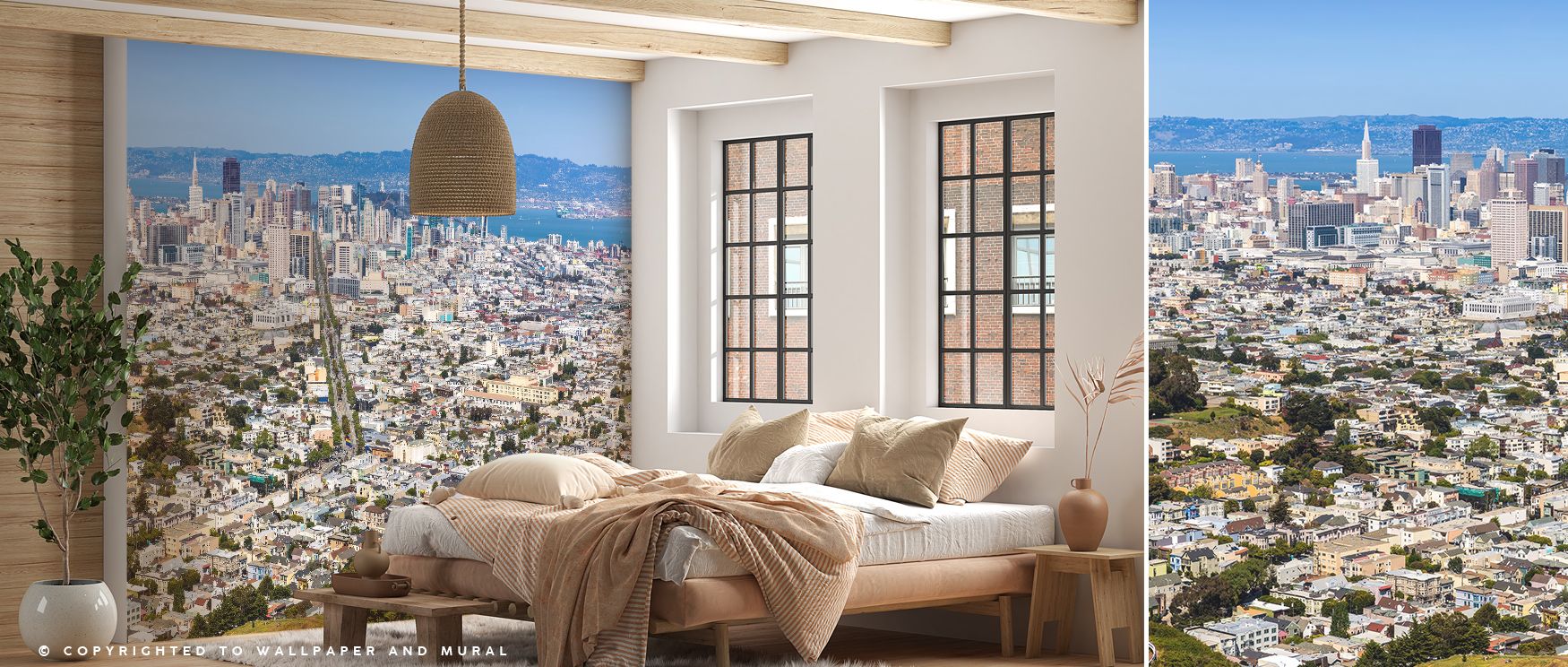 Panoramic San Francisco Cityscape Wallpaper glows with vibrancy, panoramic tones layered with brilliance enrich interiors with atmosphere of refinement, surrounding bedrooms, living rooms, or offices with artistry and timeless charm. 
