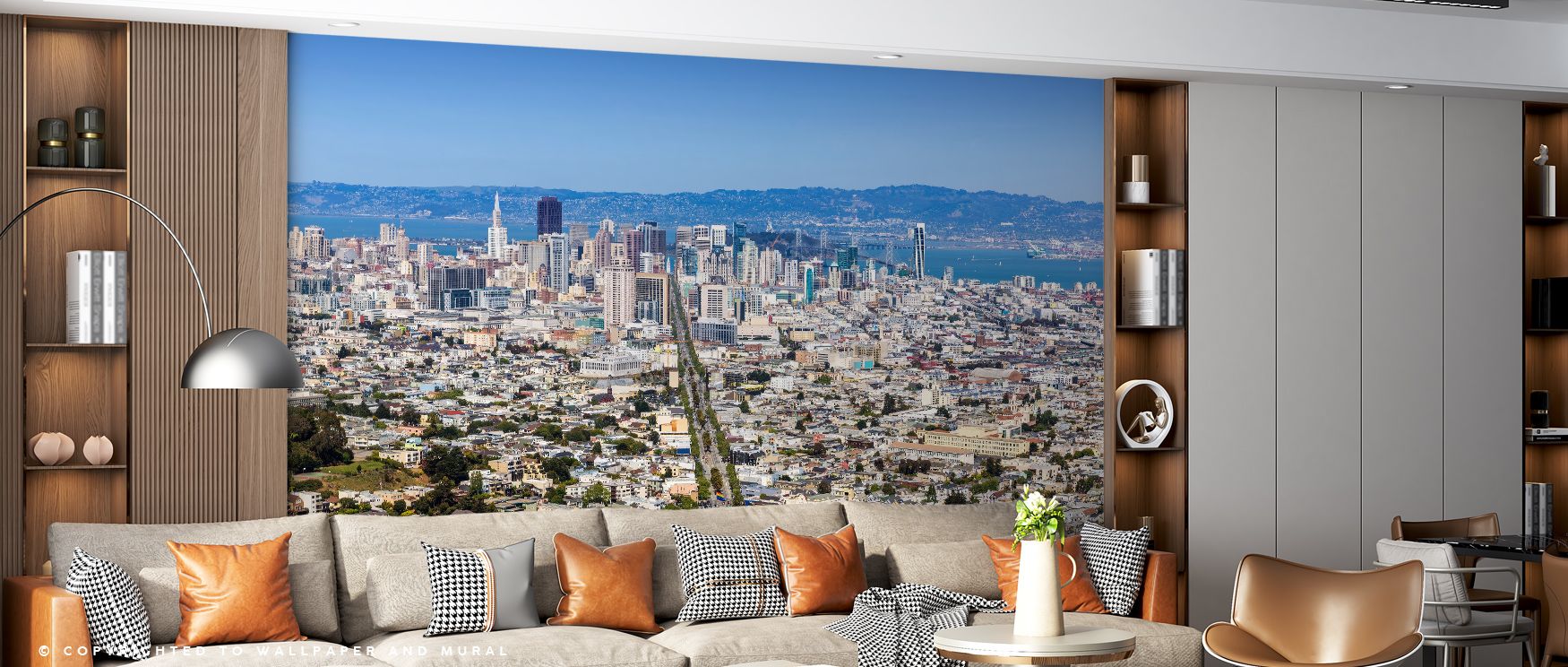 Vibrant tones define the San Francisco Cityscape Wallpaper, detailed imagery of cityscape enriching interiors with atmosphere of balance, surrounding bedrooms, dining areas, or offices with artistry that radiates sophistication. 