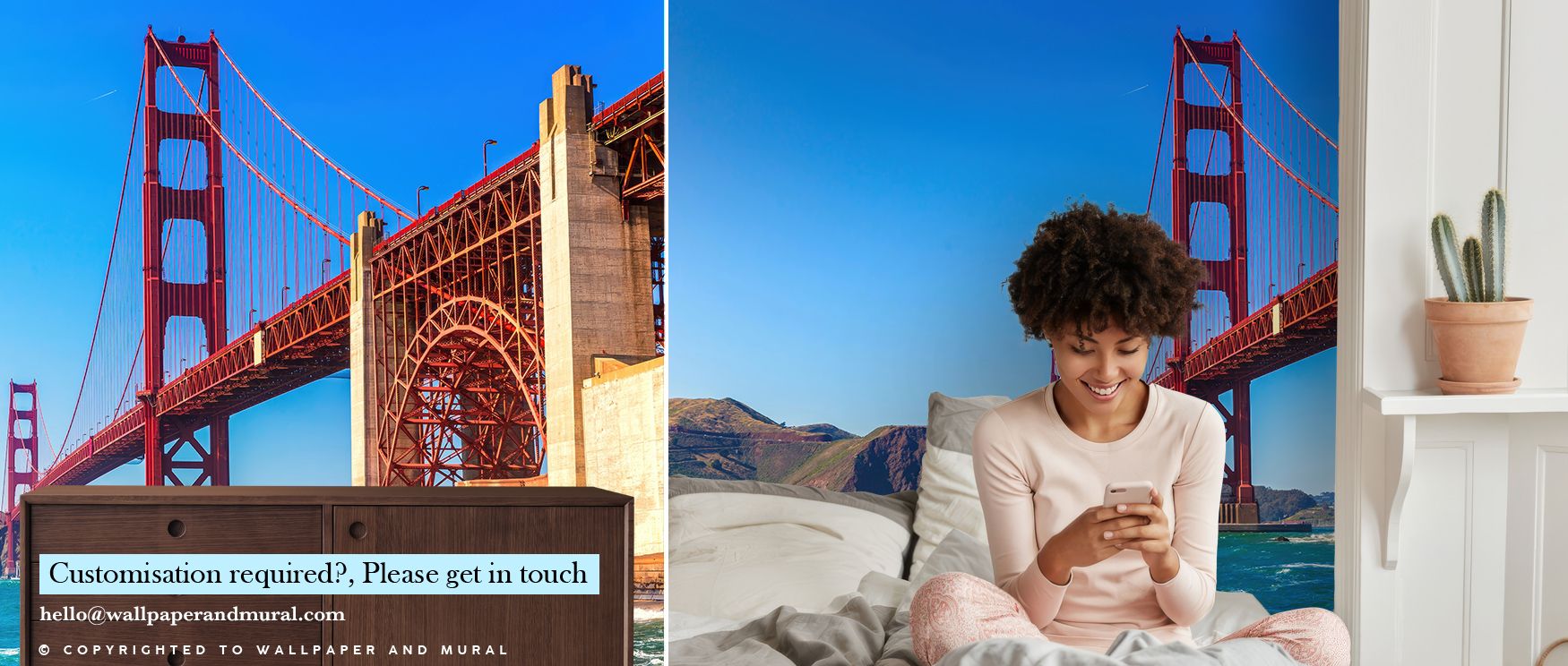 In the San Francisco Golden Gate Bridge Wallpaper, iconic detailing glows with brilliance, enriching interiors with atmosphere of refinement, surrounding bedrooms, living areas, or offices with artistry and timeless charm. 