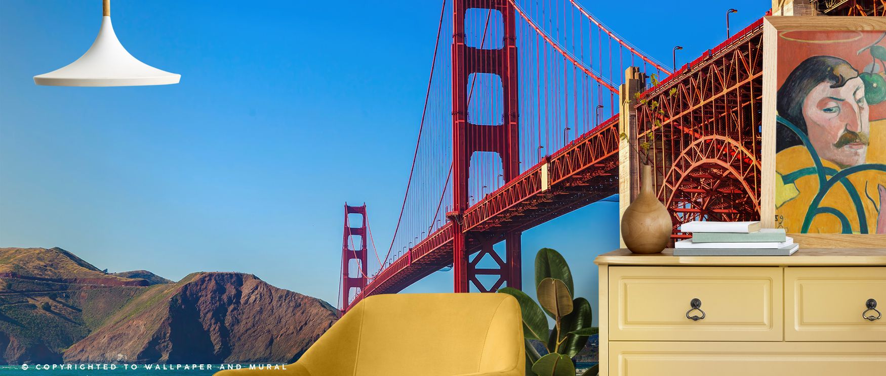 Painted rhythm shines within the San Francisco Golden Gate Bridge Wallpaper, vivid tones enriching interiors with atmosphere of balance, surrounding bedrooms, dining rooms, or offices with artistry and timeless refinement. 
