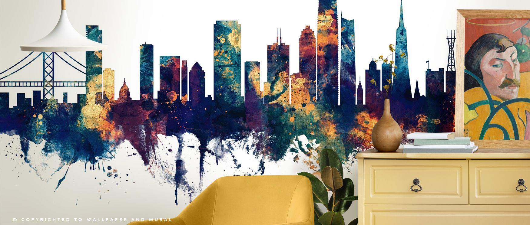 The San Francisco Skyline Blue & Bronze Wallpaper glows with serene artistry, blue tones layered with bronze shimmer enrich interiors with atmosphere of refinement, surrounding bedrooms, offices, or living areas with artistry and timeless charm. 