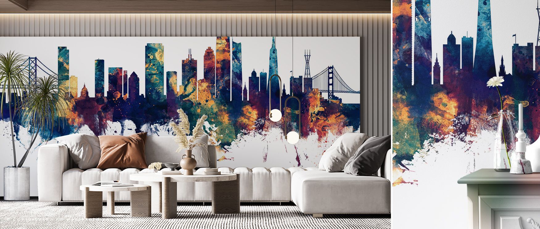 Architectural elegance shines in the San Francisco Skyline Blue & Bronze Wallpaper, tones layered in blue and bronze enrich interiors with atmosphere of refinement, surrounding bedrooms, dining areas, or offices with artistry and timeless charm. 