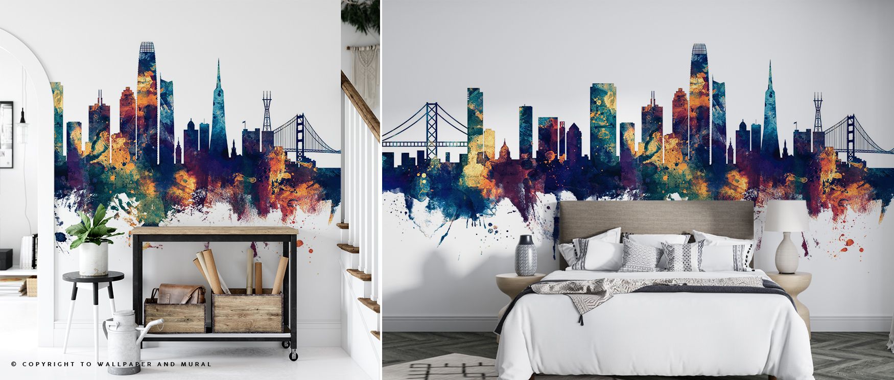 In the San Francisco Skyline Blue & Bronze Wallpaper, silhouettes etched in harmony enrich interiors with atmosphere of refinement, surrounding bedrooms, offices, or living rooms with artistry that radiates balance. 