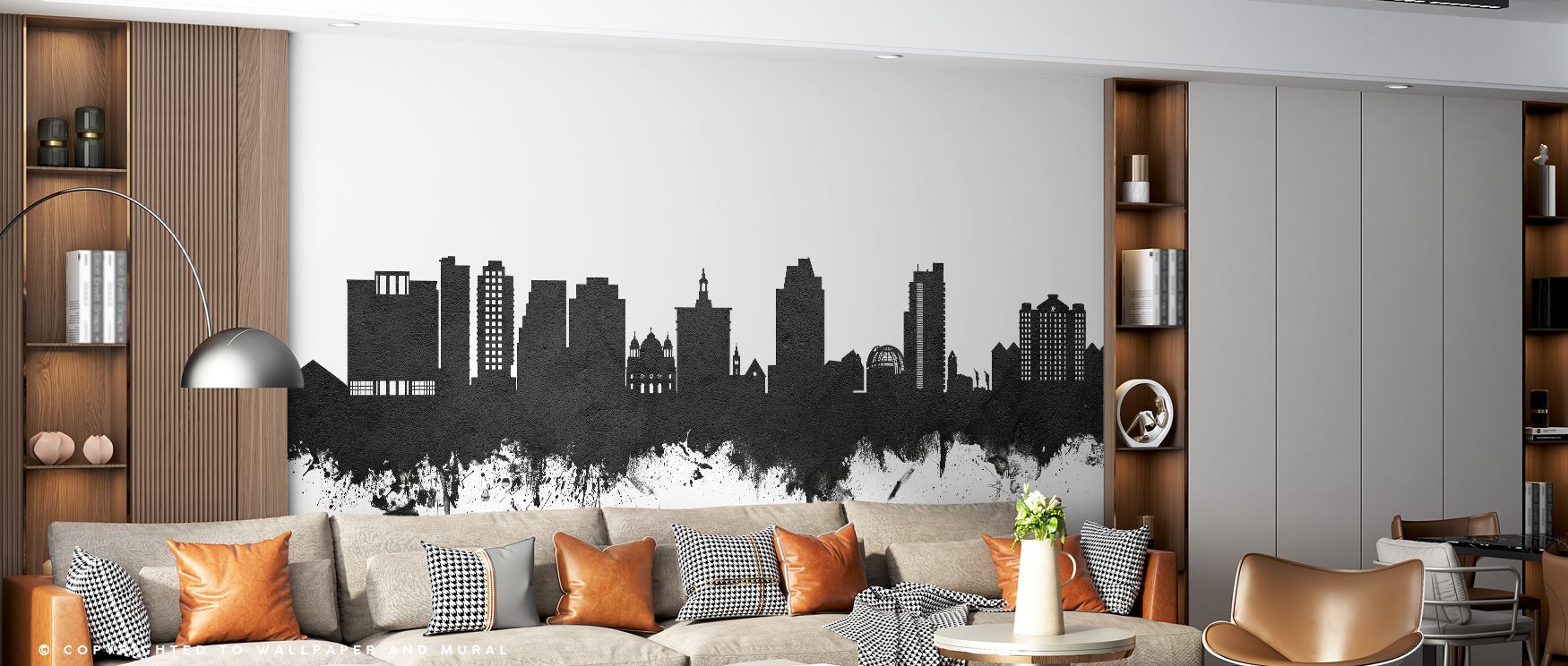 In the San Jose California Skyline Black & White Wallpaper, architectural silhouettes glow with calm elegance, enriching interiors with atmosphere of refinement, surrounding bedrooms, offices, or living areas with artistry that inspires sophistication. 