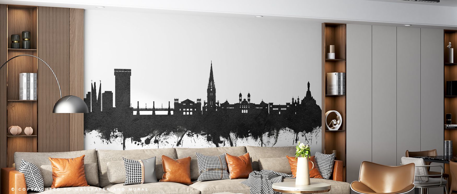In the San Sebastian Spain Skyline Black & White Wallpaper, silhouettes etched with strength enrich interiors with atmosphere of refinement, surrounding bedrooms, dining areas, or offices with artistry that radiates timeless charm. 