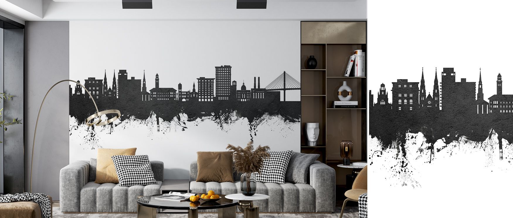 Historic charm resonates within the Savannah Georgia Skyline Black & White Wallpaper, where light contrasts with dark to form harmonious silhouettes. Each line flows with artistry, surrounding interiors with balance and refinement. Bedrooms, living areas,