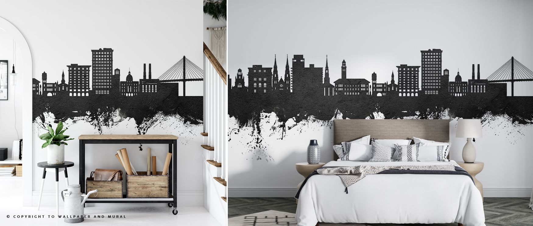 Silhouettes of balance rise across the Savannah Georgia Skyline Black & White Wallpaper, painted in monochrome rhythm that enriches interiors with refinement. This design brings depth and charm, layering history into walls that radiate calm sophistication