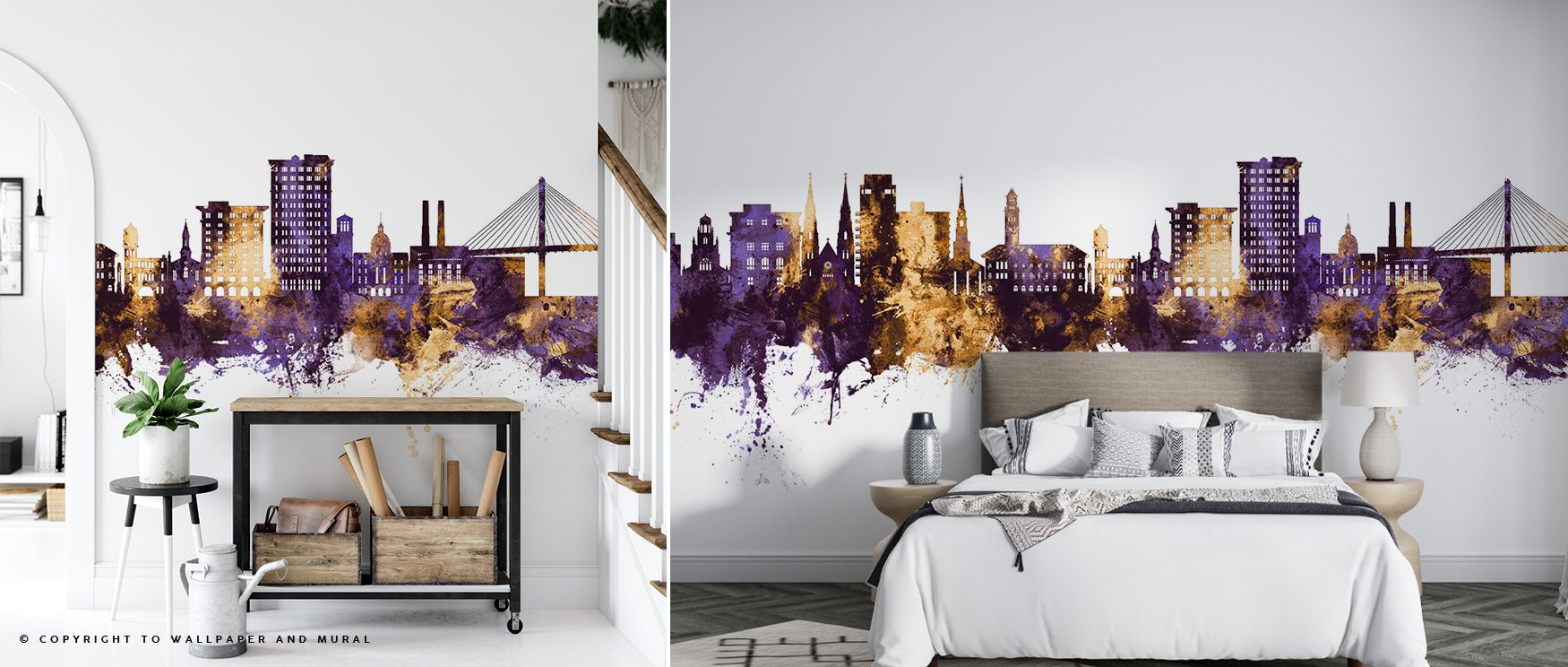 Amidst regal tones, the Savannah Georgia Skyline Purple & Gold Wallpaper glows with sophistication, purple depths merging with golden brilliance to create harmony across walls. Architectural silhouettes rise with balance, enriching interiors with timeless