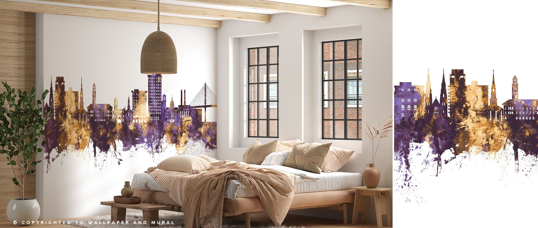 Purple and gold artistry shines in the Savannah Georgia Skyline Purple & Gold Wallpaper, where regal tones form silhouettes that enrich interiors with balance and elegance. This composition radiates timeless refinement, surrounding bedrooms, living rooms,