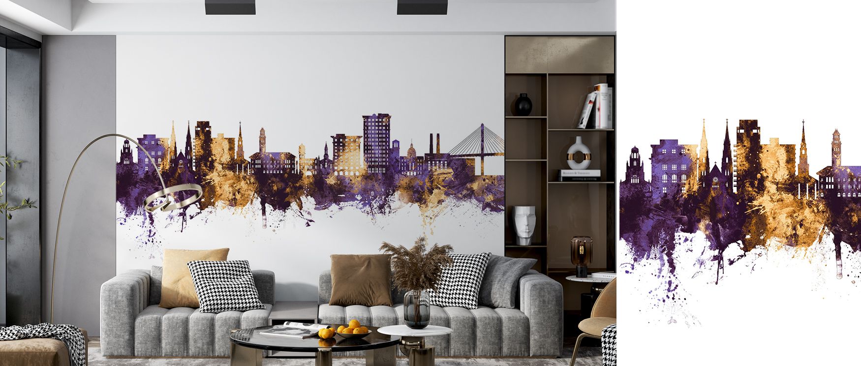 Regal artistry breathes across the Savannah Georgia Skyline Purple & Gold Wallpaper, where silhouettes rise with grandeur. Purple tones merge with golden highlights, enriching bedrooms, offices, or living rooms with atmosphere of refinement. Its palette r