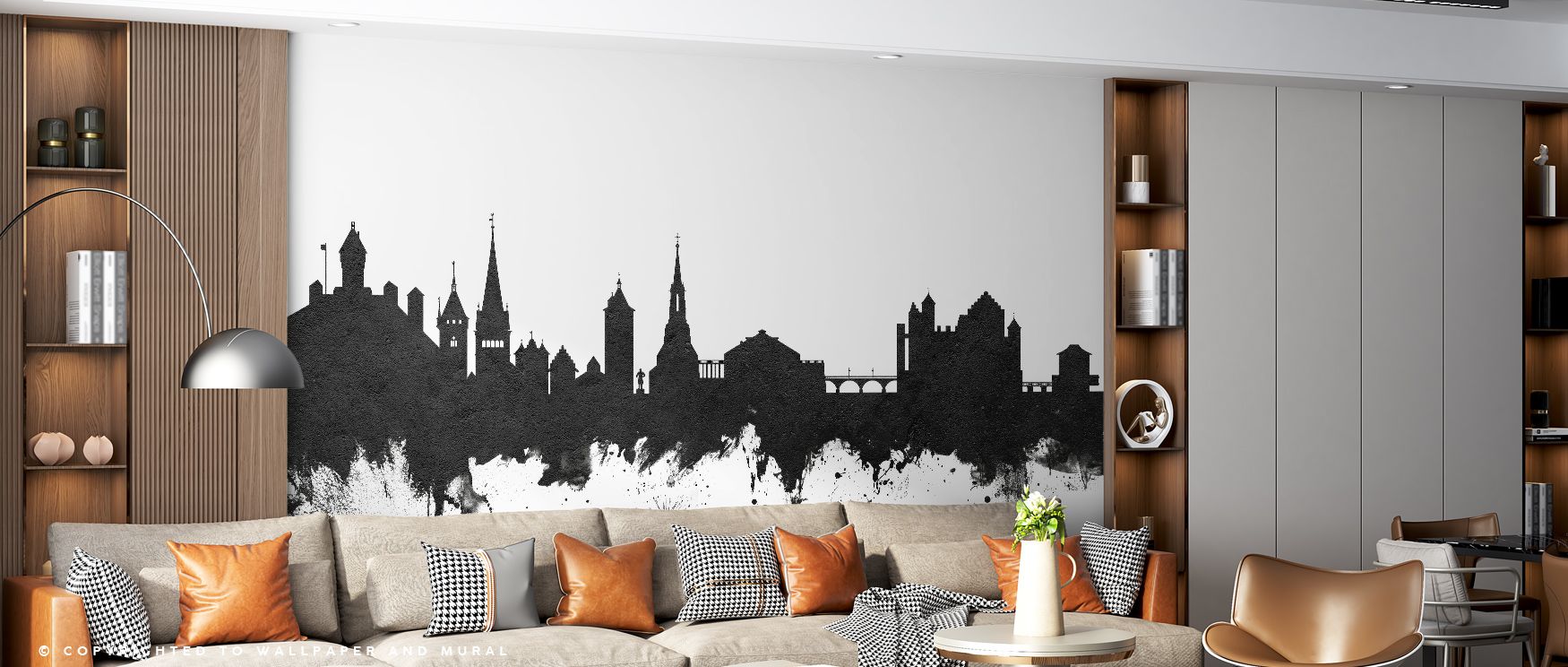 Radiant in simplicity, the Schaffhausen Switzerland Skyline Black & White Wallpaper layers charm into interiors, monochrome tones enriching bedrooms, offices, or living rooms with atmosphere of refinement and artistry that reflects timeless sophistication