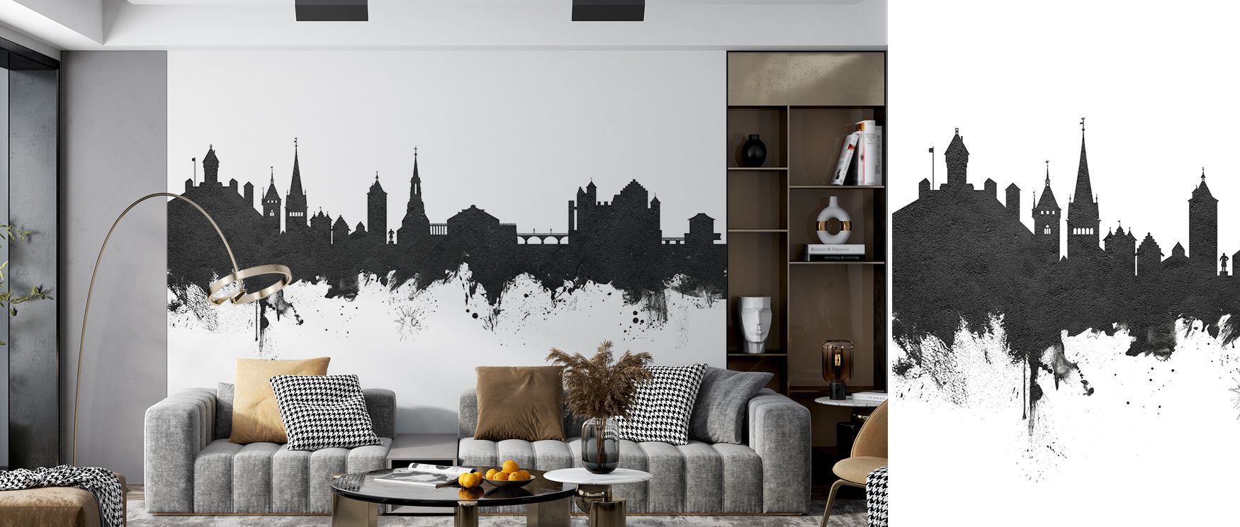 In layered detail, the Schaffhausen Switzerland Skyline Black & White Wallpaper radiates monochrome artistry, enriching interiors with refinement, surrounding bedrooms, dining areas, or offices with balance and calm elegance. 