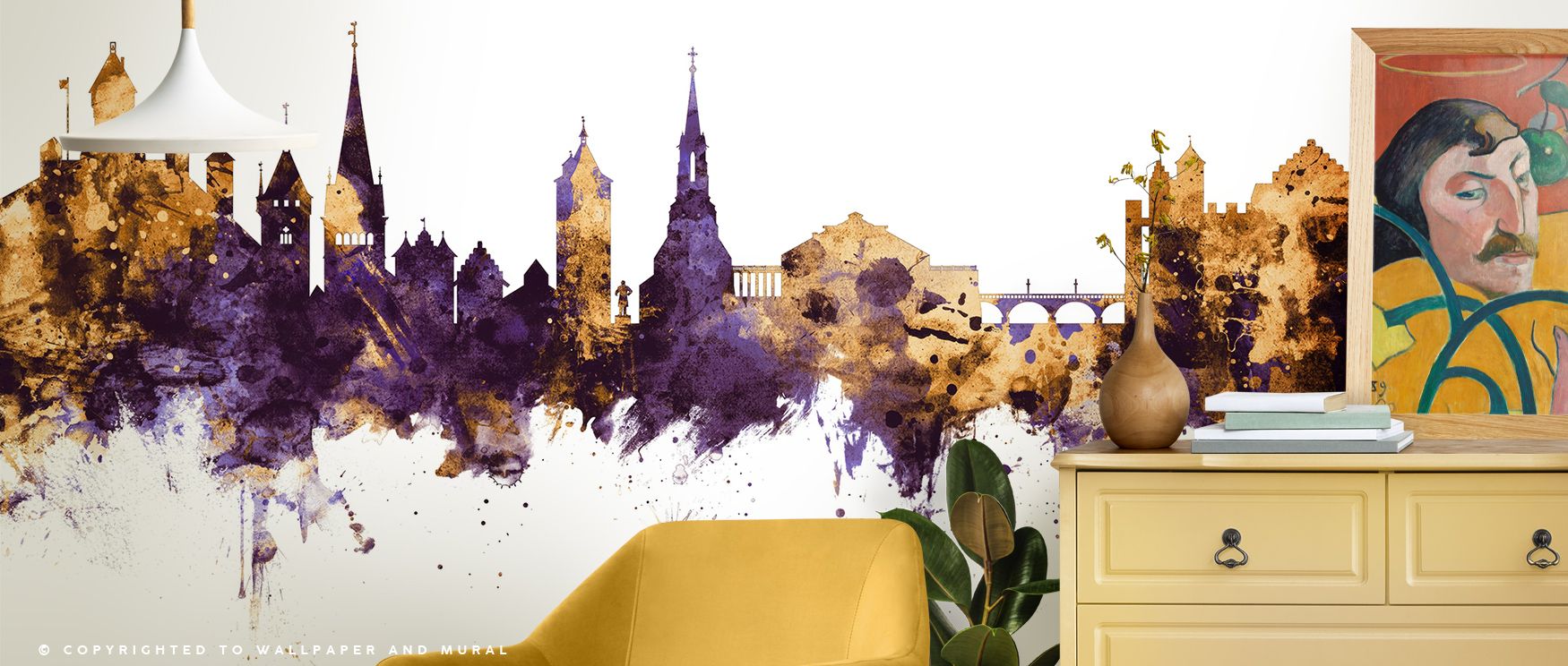 Architectural rhythm defines the Schaffhausen Switzerland Skyline Purple & Gold Wallpaper, silhouettes enriched with brilliance surrounding bedrooms, offices, or living areas with atmosphere of refinement and regal artistry. 