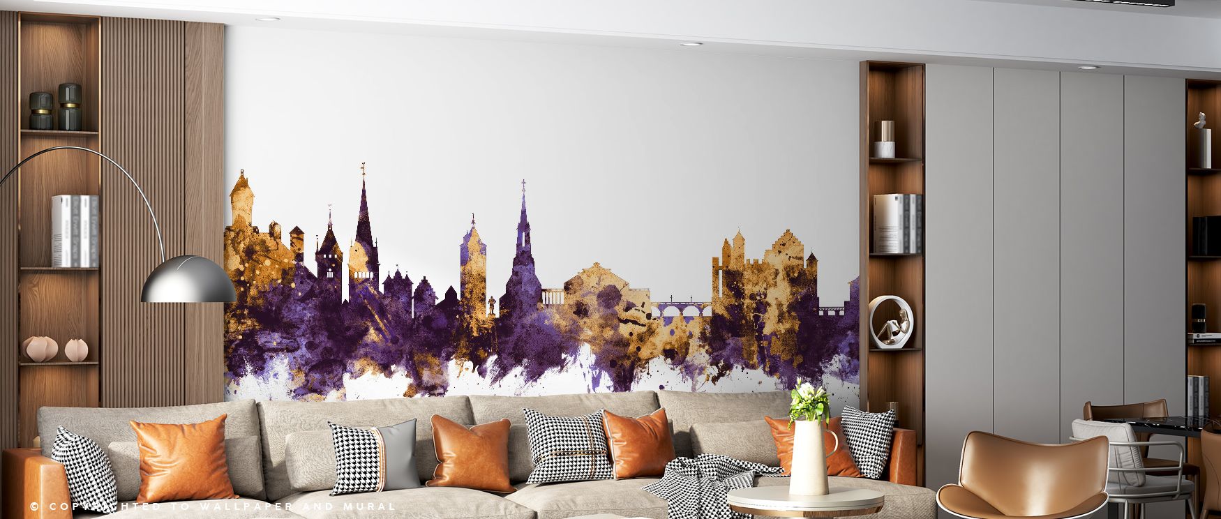 Radiant tones breathe in the Schaffhausen Switzerland Skyline Purple & Gold Wallpaper, silhouettes painted with regal charm enriching interiors with atmosphere of refinement, surrounding bedrooms, dining areas, or offices with artistry that inspires grand