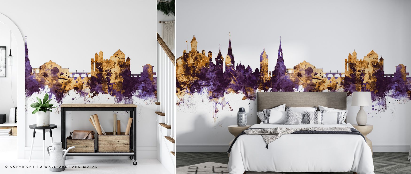 Painted in grandeur, the Schaffhausen Switzerland Skyline Purple & Gold Wallpaper layers regal tones across silhouettes, enriching interiors with atmosphere of refinement, surrounding bedrooms, offices, or dining spaces with timeless brilliance. 