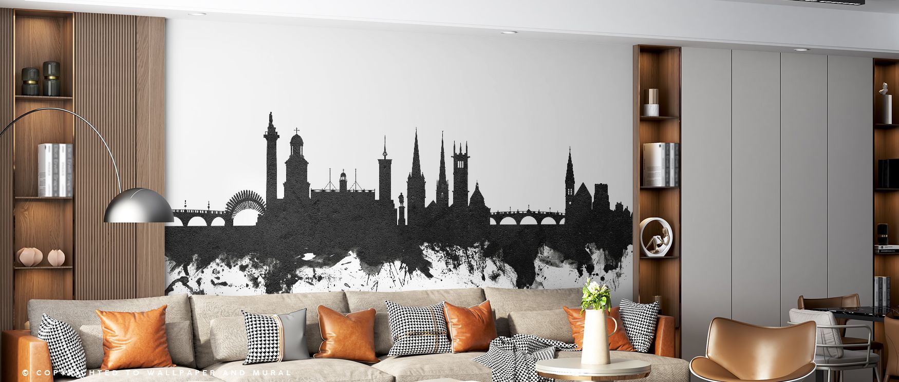 The Shrewsbury England Skyline in Classic Black & White Wallpaper reveals the town’s essence in flowing silhouettes, crisp contrasts breathing cultural depth into walls, elevating offices with balance between tradition and contemporary refinement, enrichi